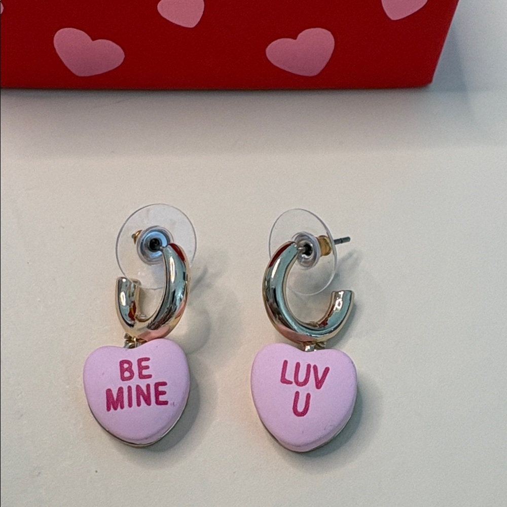 Betsey Johnson Gold Hoops with Pink Heart Charm huggie drop earrings